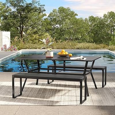 VICLLAX Patio 3 Pieces Outdoor Dining Set, Outdoor Metal Table and Bench Set, 59" Dining Table with Umbrella Hole and 53" Long Backless Bench for Lawn, Garden, Porch, Black