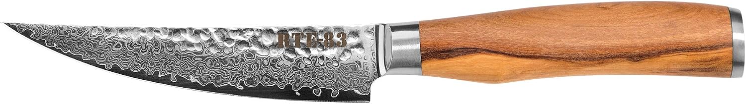 Route83 Signature The Bone Set of 4 Handmade Hammered Damascus Stainless Steel Italian Olive Wood Handles