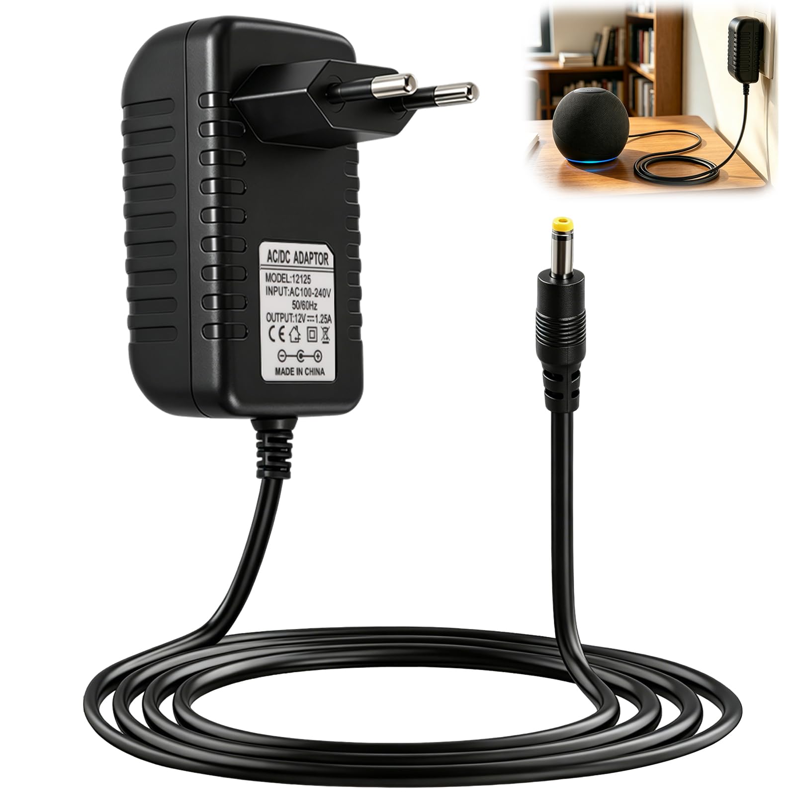 15W Cargador Compatible con Alexa Echo Dot 3ª 4ª 5ª Gen, 12V 1.25A Cargador Adaptador para Echo Show 5 1ª 2ª Gen Dot Kids Edition Fire TV Cube Spot Pop Corriente Cable de Alimentación Charger 2m Negro