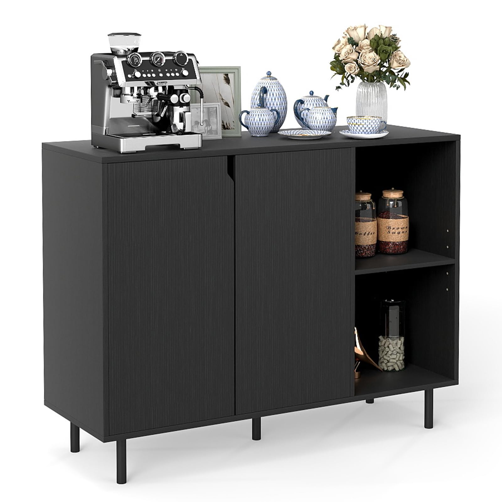 GIANTEX Aparador Buffet de Cocina con 2 Puertas, Armario con Estantes Ajustables y Patas Metálicas, 106 x 38 x 80 cm, con Kit Antivuelco, Mueble de Almacenamiento para Comedor, Salón (Negro)