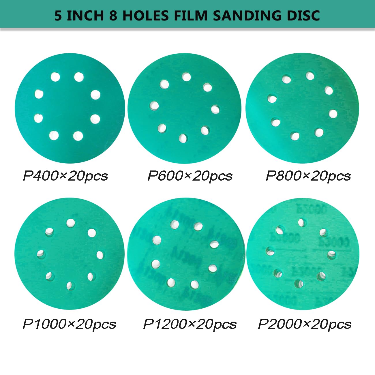 Discos de lija de película de 5 pulgadas, 8 agujeros, 120 unidades de disco de papel de lija 400/600/800/1000/1200/2000, discos de papel de lija con lijadora orbital. (P400-P2000 granos finos)