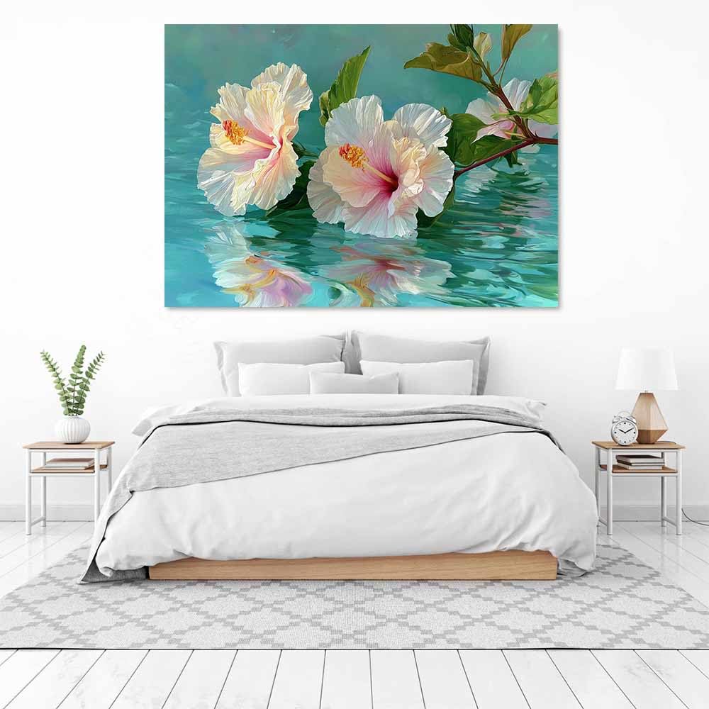 CUDAOO Semplice arte botanica Stampe su Canvas Ibisco rosa-bianco per Camera da Letto Agriturismo Soggiorno Bagno(Menta verde)-60x90cm Incorniciato