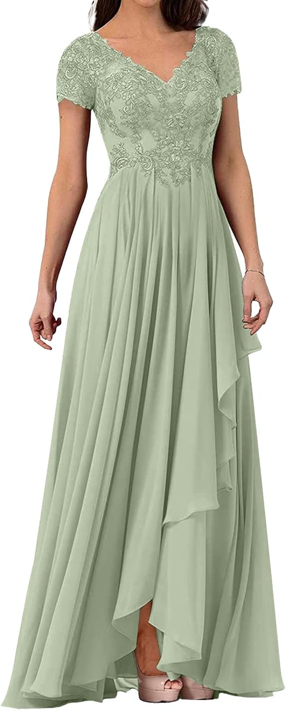 V Neck Lace Applique Long Mother of The Bride Wedding Dresses Women's Cap Sleeve Chiffon Formal Party Dress