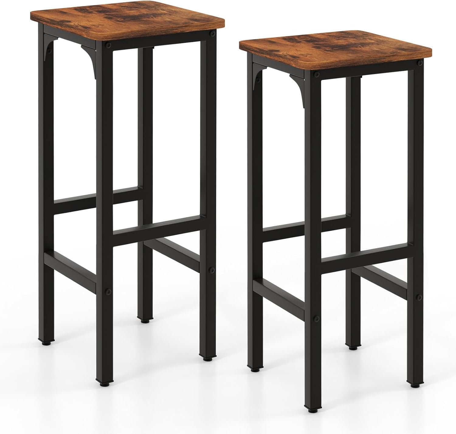 Set of 2 Black and Rustic Brown Adjustable Wood and Metal Bar Stools