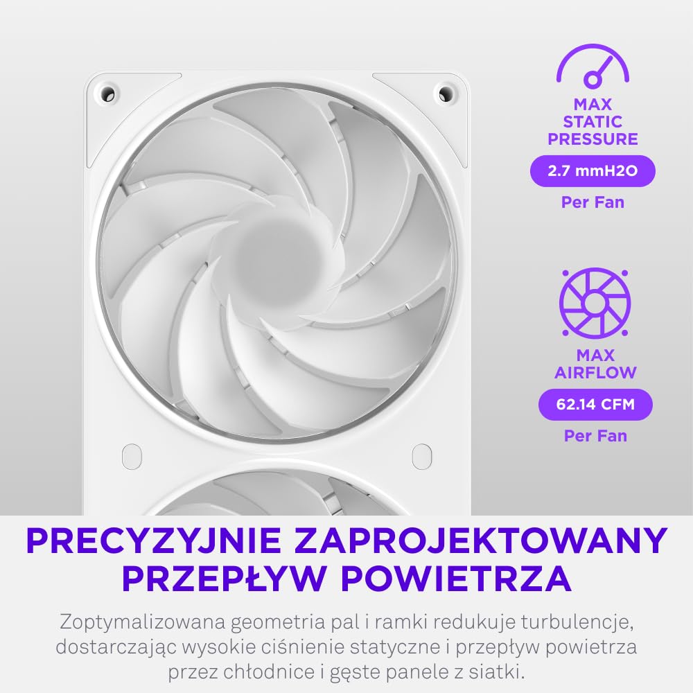 NZXT F360 RGB Reverse - Wentylator Odwrócony single-frame 360mm - Biały | Zestaw single-frame 360mm z trzema wentylatorami PWM RGB 120mm z odwróconymi łopatkami. Czysty airflow do zestawów na pokaz.