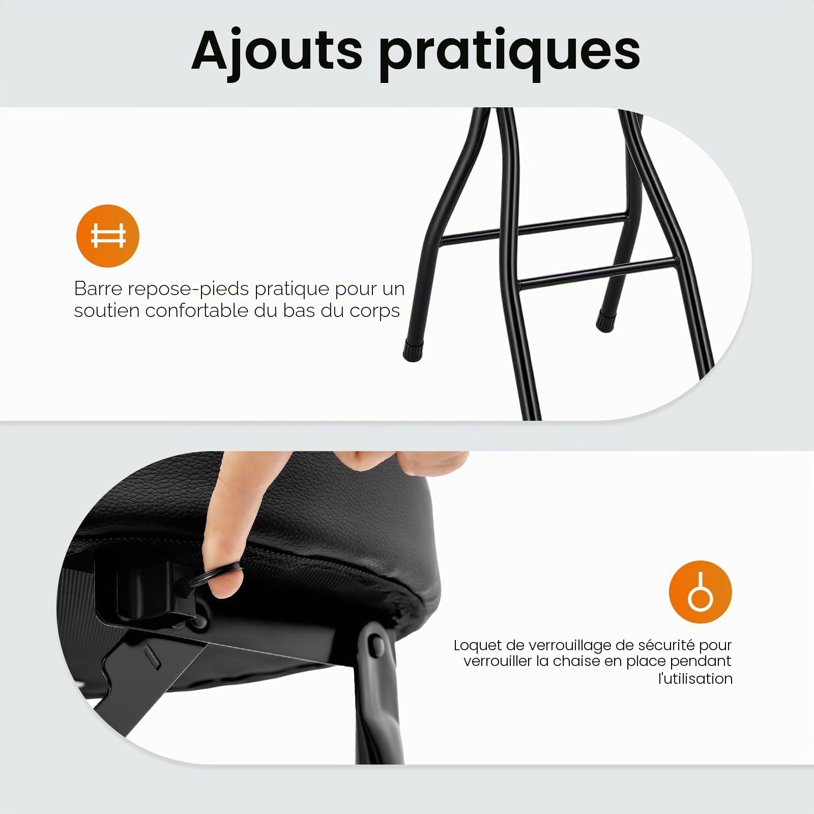 Lot de 2 tabourets de bar pliants avec dossier, pour extérieur, chaise haute, chaise de bar rembourrée, tabouret pliable pour bar, comptoir, cuisine, balcon, jardin, hauteur d'assise 65 cm, charge