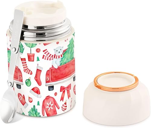 Christmas Truck Polar Bear Food Jar with Spoon Stainless Steel Vacuum Insulated Food Container 17 oz Food Flask for Hot Food