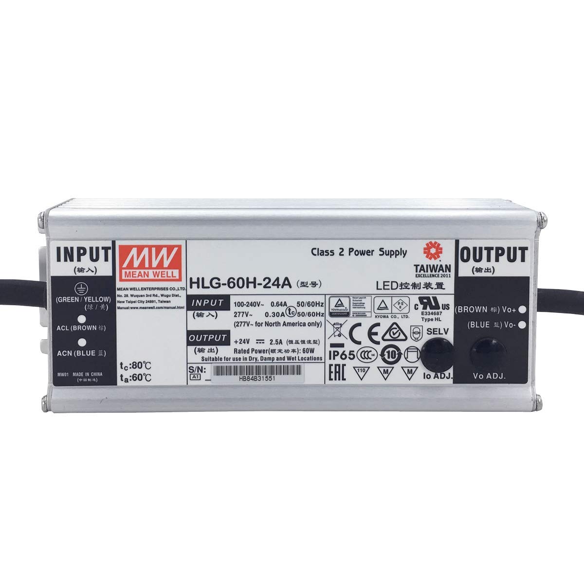 Unbekannt HLG-60H-24A: Mean Well LED-Netzteil 60 W, 24 V, IP65, Spannung und Strom einstellbar 24 V, 60 W