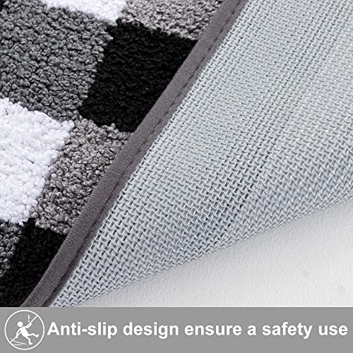 Carvapet 2 Pieces Buffalo Plaid Check Rug Set Water Absorb Microfiber Non-Slip Kitchen Rug Bathroom Mat Checkered Doormat Carpet For Laundry 17"X48"+17"X24", Black And White #TOP4