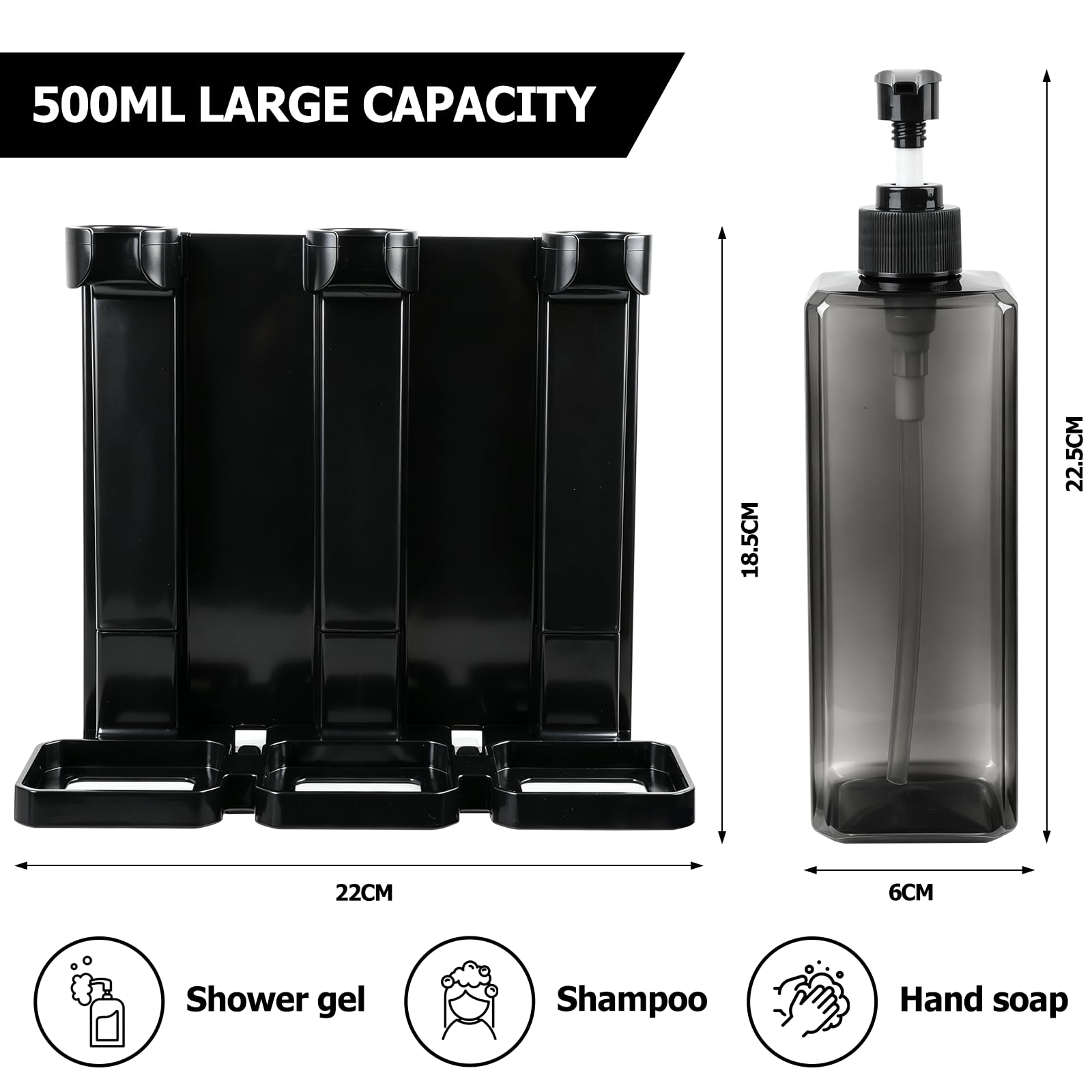 Dispenser Sapone da Muro Senza Forare, 3x500ML Dispenser Sapone Bagno | Dispenser Sapone Doccia, Dispenser Shampoo e Bagnoschiuma, Moderno Dispenser di Liquido Per Bagno Cucina Hotel