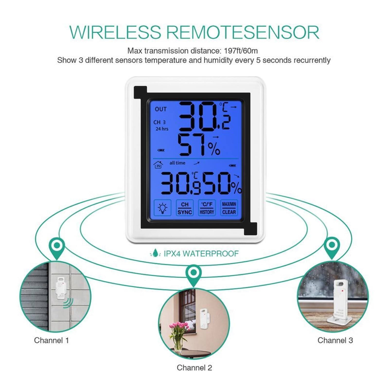 Wewnętrzny Termometr Zewnętrzny Wilgotność 3 Czujnik Bezprzewodowy Higrometr Cyfrowy Ekran Dotykowy Monitor Wilgotności Temperatury Dokładne Pomiary(With 1 sensor)
