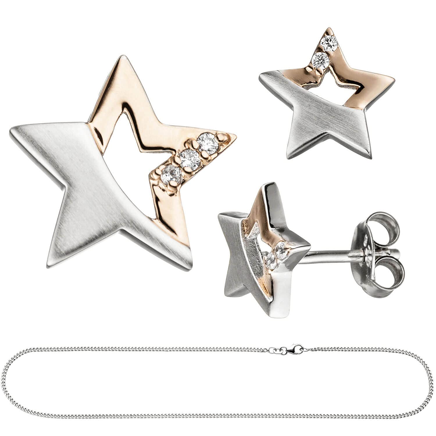 Kinder Schmuck-Set Stern 925 Silber teil rotvergoldet Zirkonia mit Kette 42cm