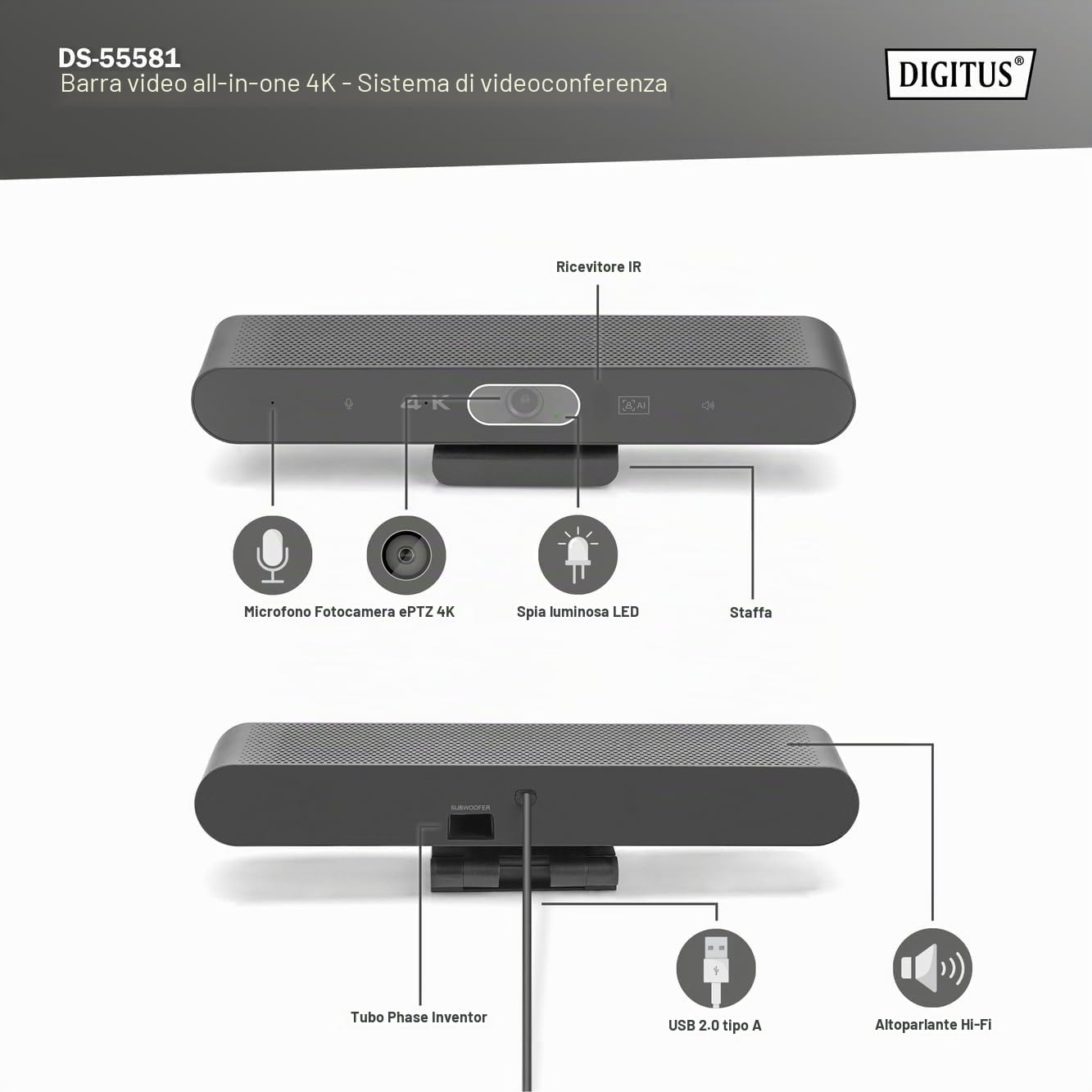 DIGITUS DS-55581 Video Bar Mini, Sistema di videoconferenza - Webcam 4K UHD 30 Hz ePTZ - 2 microfoni interni - altoparlante interno 2 W - messa a fuoco e zoom automatici, cancellazione dell'eco