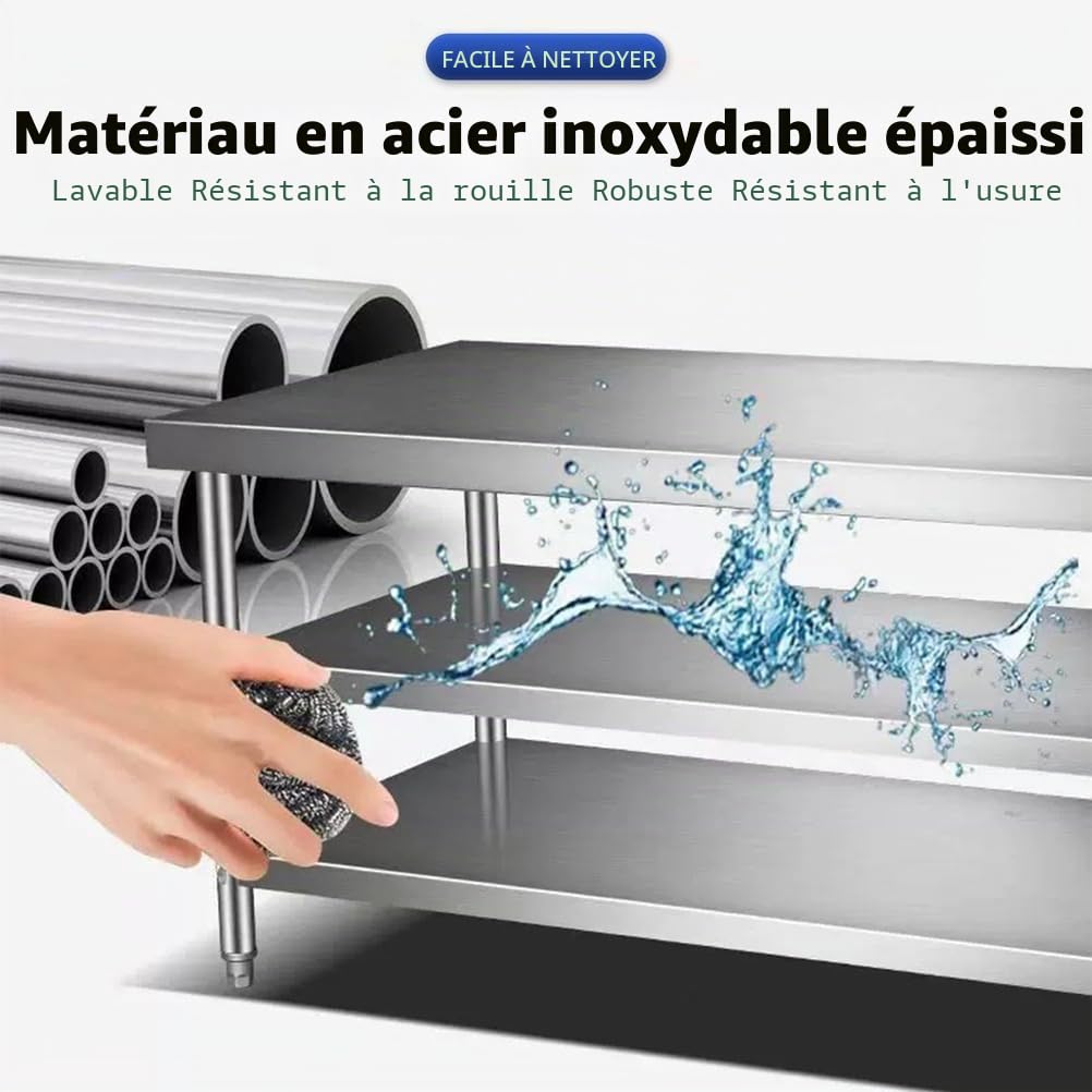 Table De Travail INOX KCCRHIN, 3 Niveaux, 100x50x80cm, Acier Inoxydable, Robuste, Facile à Nettoyer, Pour Cuisine, Restaurant, Bar, Hôtel, Maison