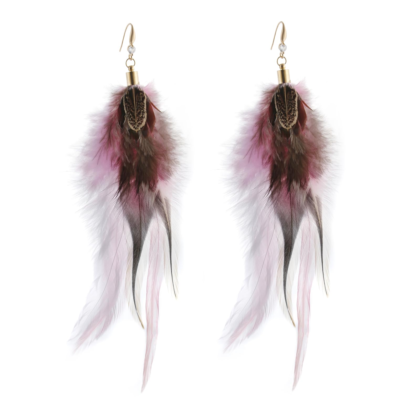 RUOFFETA Long Feather Earrings for Women, Boho Bohemian Earrings Multicolor Tassel Handmade Feather Earrings for Women Dangling