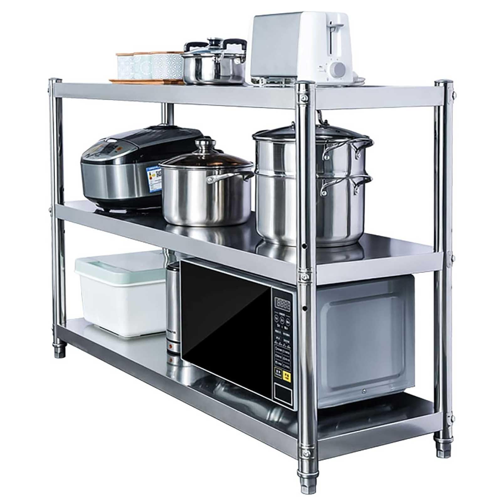 Scaffale da cucina a 3 ripiani, resistente, in acciaio inox, da pavimento, per forno a microonde, scaffale salvaspazio per casa e ristorante (150 x 40 x 80 cm)