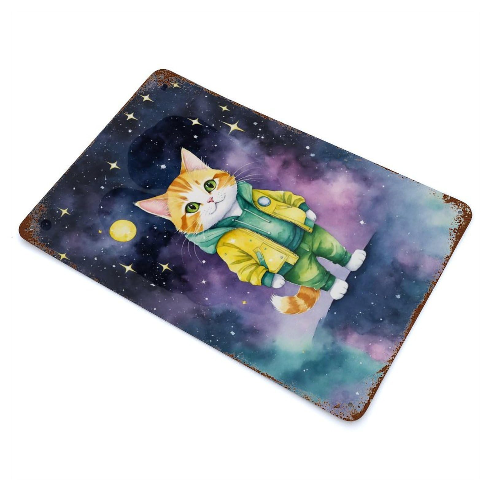 Watercolor Cat in Space Decorative Tin Sign 11.8"x7.9", Ideal for Garage, Bar And Workshop Decor