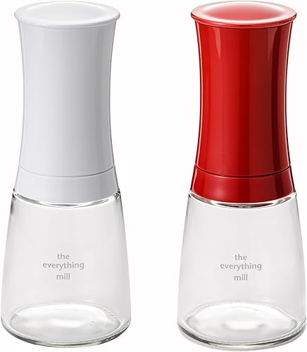 Miniatura 2 de Kyocera Juego de 2 molinos de pimienta, sal, semillas y especias con molinillo de cerámica avanzado ajustable, blanco brillanterojo manzana caramelo
