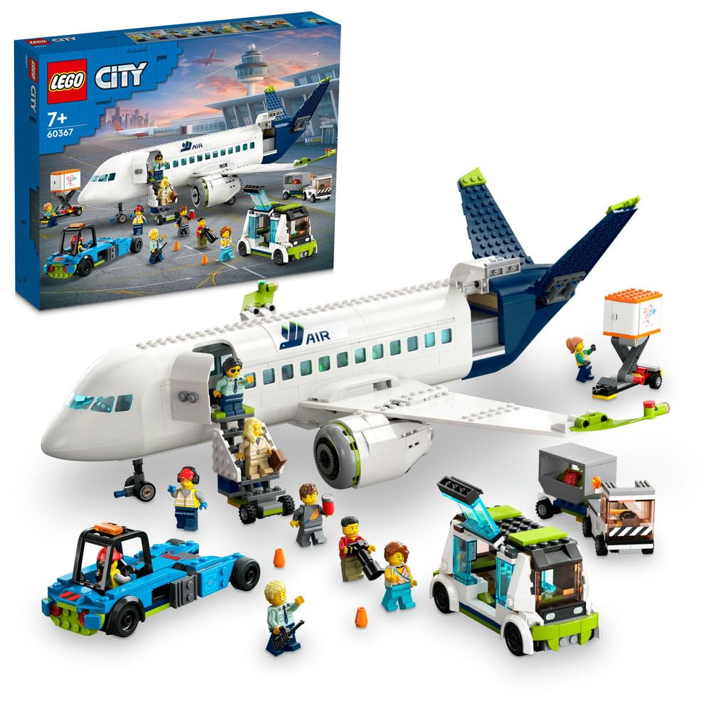 LEGO60367 City Passenger Aeroplane Toy Building Set, Large Plane Model with Airport Ground Crew Vehicles: Apron Bus, Pushback Tug, Catering Loader, Baggage Truck plus 9 Minifigures, Ramadan Gift