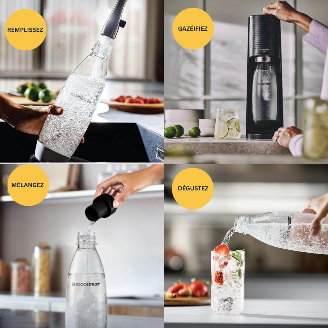 Sodastream Terra Machine à Eau Pétillante et Soda | Pack 1 Bouteille 1L Finition Acier Inoxydable Compatible Lave-Vaisselle + 1 Recharge de Gaz 60L à Clipser | Noire