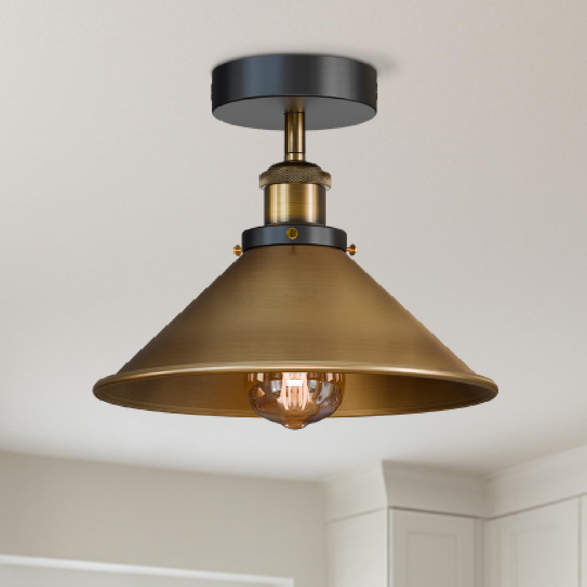 LEDSone Industrial Semi Flush Mount Ceiling Light Metal E27 Fitting 22cm Yellow Brass Cone Lampshade Indoor Lighting Fixture for Bedroom Living Room Hallway with Bulb