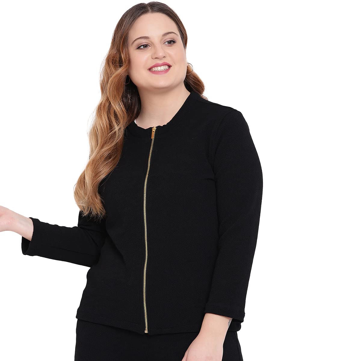 the pink moon Women's Plus Size Solid Self Design Jacket (MIMJ033_Black)-picture-2