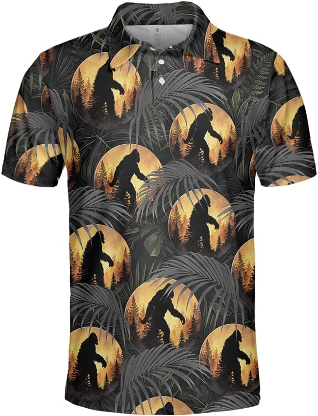Bigfoot Polo Shirts for Men, 3D Sasquatch Forest Mens Polo Golf Shirt Short Sleeve Button Up Vacation Party Gift