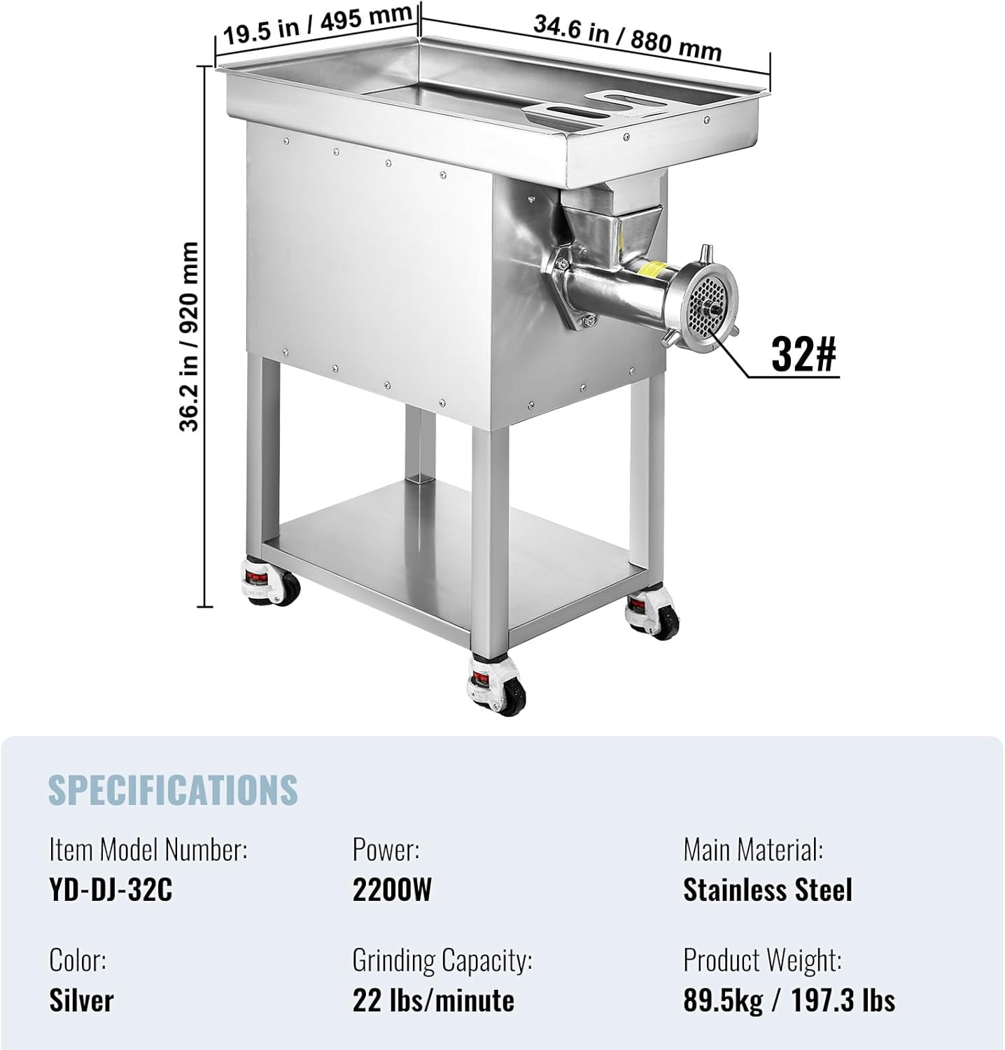 VEVOR Commercial Electric Meat Grinder, 22 Lb/Min Cabinet Meat Grinder, 2200W Industrial Grinder with Blade, Grinding Plate, Sausage Maker, Stainless Steel Meat Mincer Machine for Kitchen, Restaurant