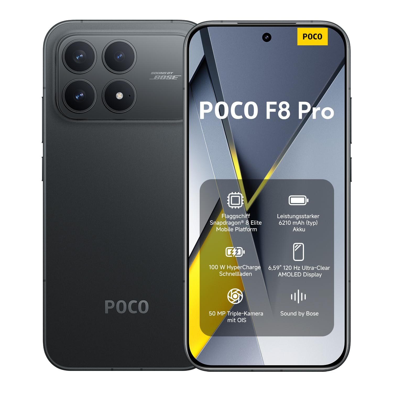 XIAOMI Poco F8 Pro, Smartphone 12+512 GB, 6.59" 120Hz AMOLED Display, 50MP Triple-Kamera mit 60mm Teleobjektiv, Sound by Bose, 6210mAh, Schwarz, 2 Jahre Garantie