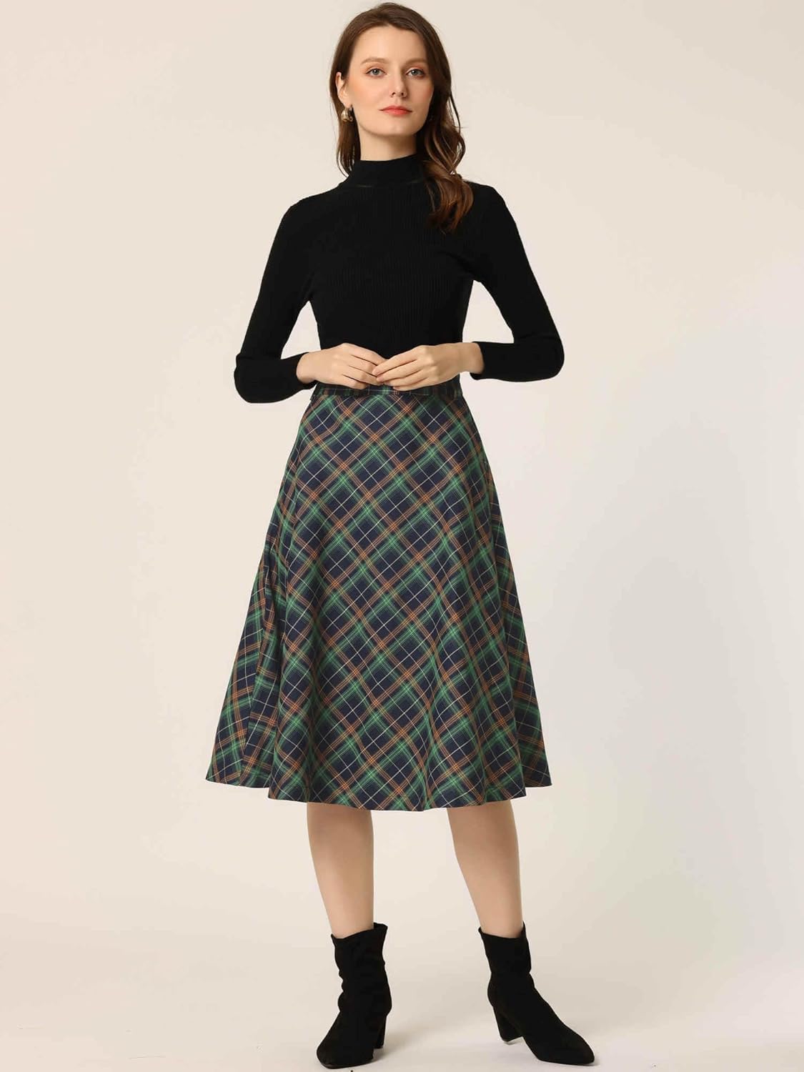 Allegra K Women's Tartan Plaid Christmas High Waist Belted Vintage A-Line Midi Skirt - Image 3