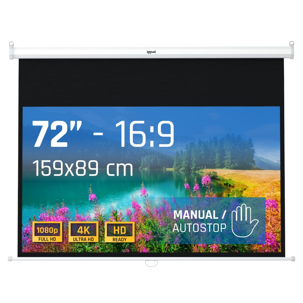 iggual Pantalla Proyección 72" Pulgadas- Enrollable Manual Panorámico- Formato 16:​9- Ángulo Visión 180º- Altura Ajustable- Apto Pared/​Techo- Compatible 4K y Cualquier Proyector, (159x89 cm)