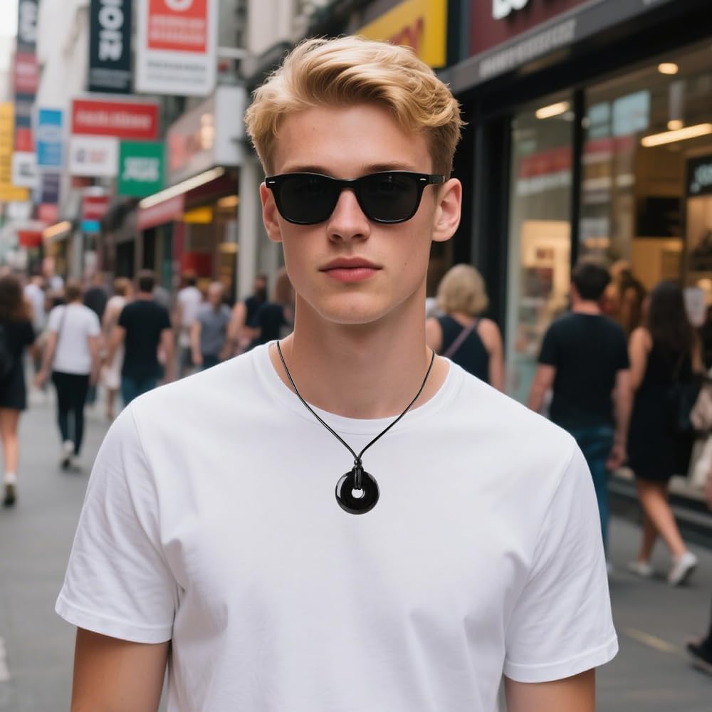 Natural Gemstone Pendant Necklce Lucky Coin Crystal Necklace Donut Pendnat with Adjustable Rope Reiki Healing Crystal for Men Women - Image 5