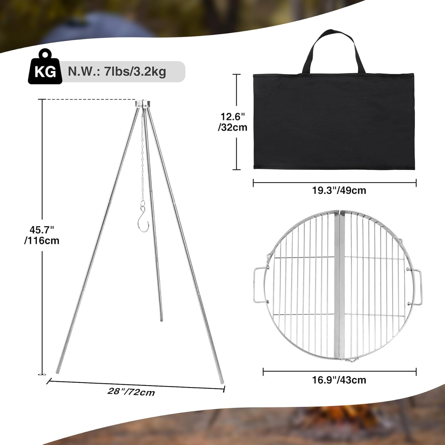 REDCAMP Barbecue pivotant avec grille de cuisson, chaînes réglables en hauteur en acier inoxydable, barbecue pivotant en acier inoxydable avec grille de cuisson ronde et sac de transport pour barbecue