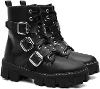 Coturno Gótico Feminino com 3 Fivelas, Preto, Plataforma Tratorada, Cadarço e Solado Grosso, Estilo Punk Rock