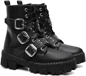 Coturno Gótico Feminino com 3 Fivelas, Preto, Plataforma Tratorada, Cadarço e Solado Grosso, Estilo Punk Rock