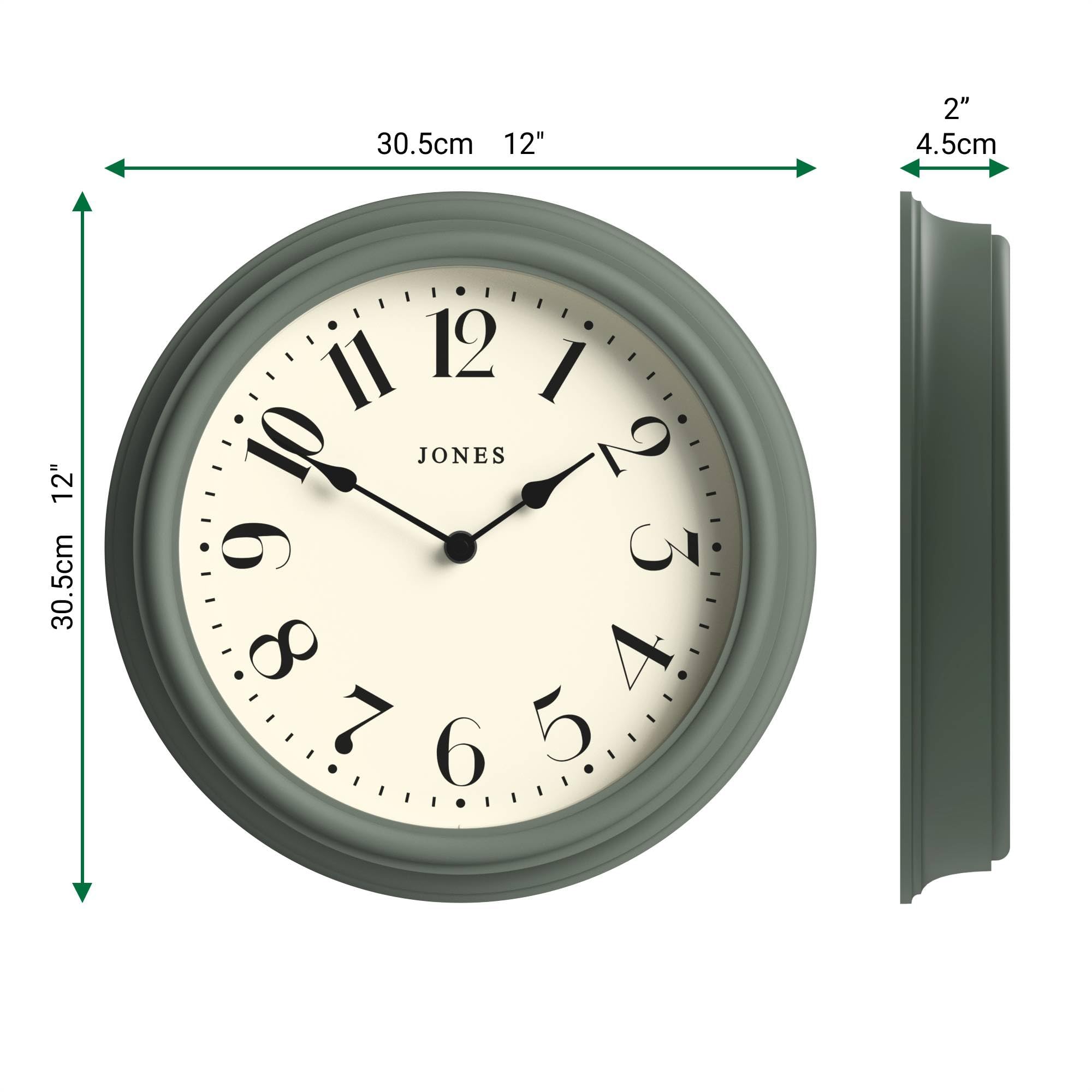 JONES CLOCKS® Serenity Wanduhr | Klassische runduhr | 30cm | Grün | Schöne arabische Zahlen | Dekoratives Design, ideal für küche, Wohnzimmer oder Schlafzimmer