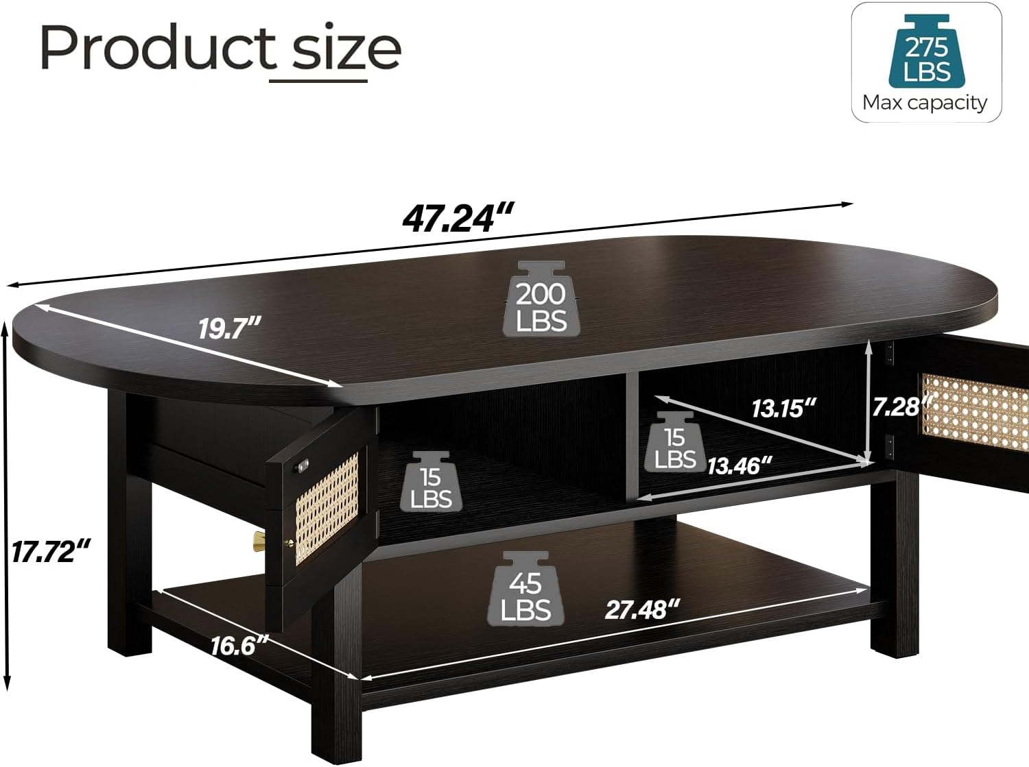 lvb rattan coffee table, boho wood living room table with storage, oval modern 2-tier cocktail tea table with doors & open shelf, farmhouse vintage center tables for bedroom office, black oak, 47in black oak 47.24 inch