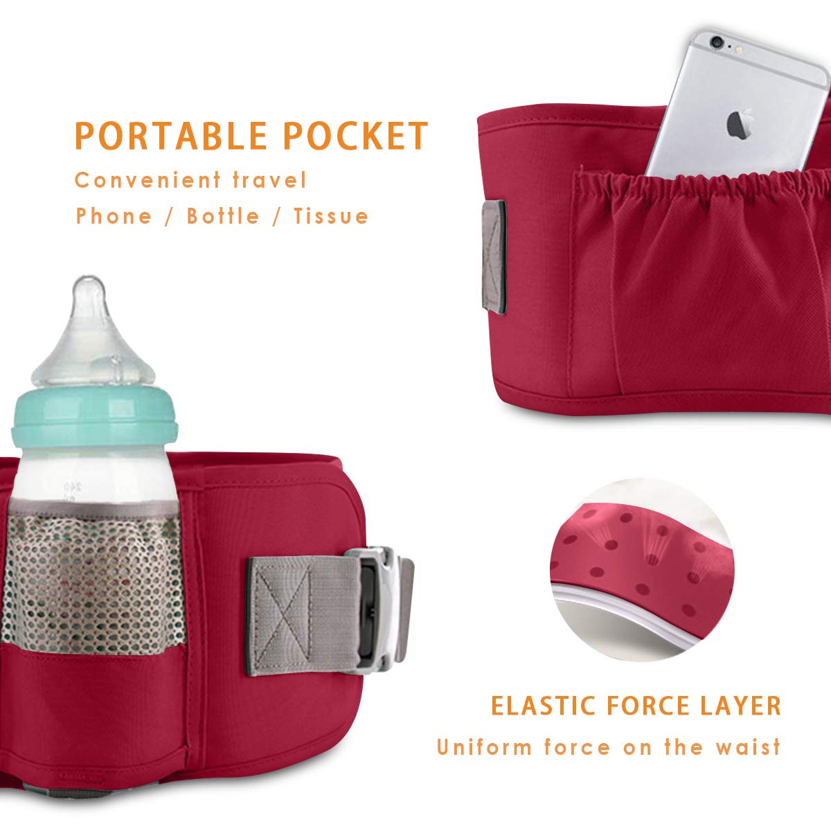 SONARIN 3 in 1 Multifunktion Hipseat Baby Carrier, Babytrage, Vorder und Rückseite,100% Baumwolle,Ergonomisch,Freie Größe(Rot)