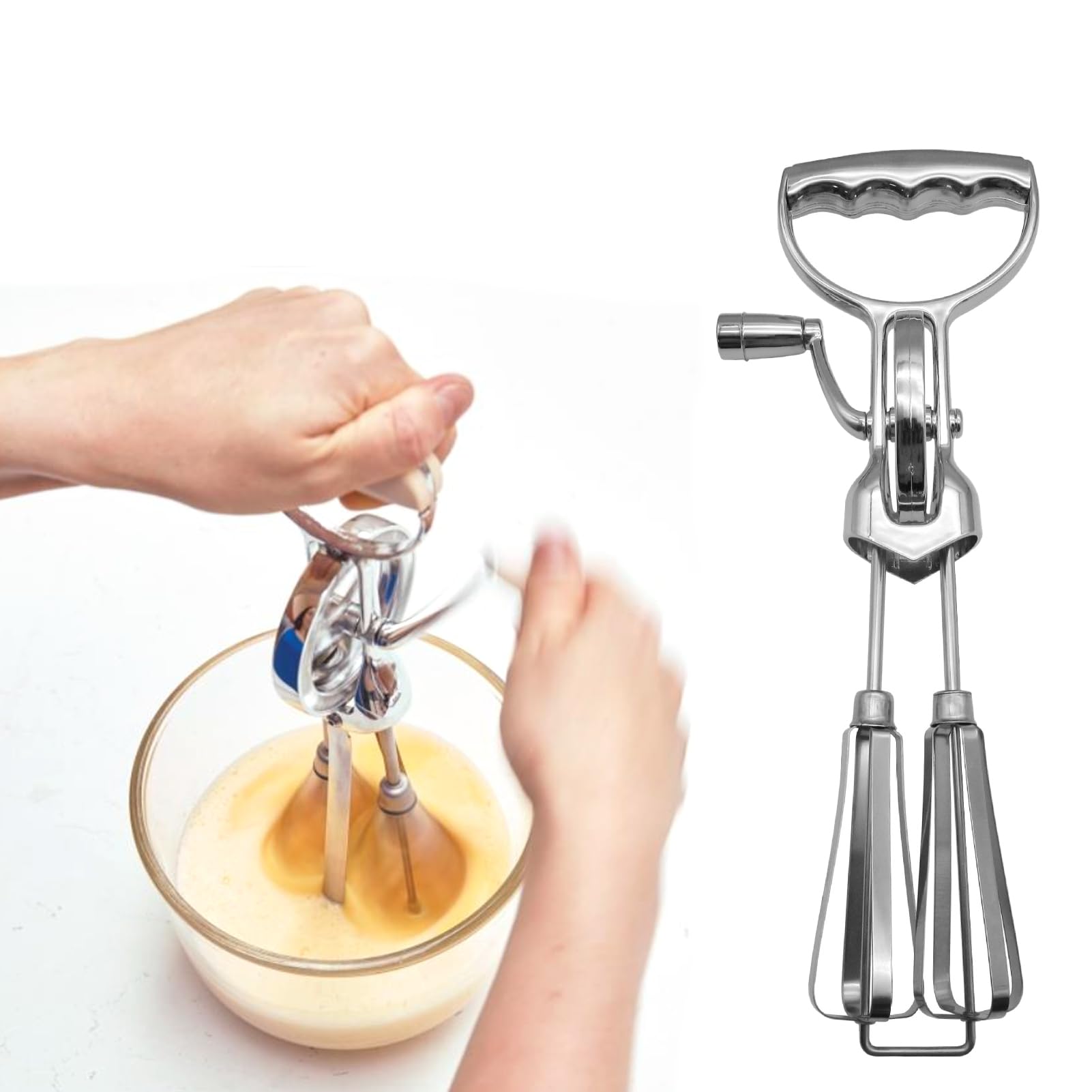 Wilitto Hand Crank Whisk Stainless Steel Manual Whisk Handheld Rotary Egg Stirrer Egg Beater Mixer Rotary Whisk Blender Double Rotary Whipping for Cooking Pastry Making Baking Silver