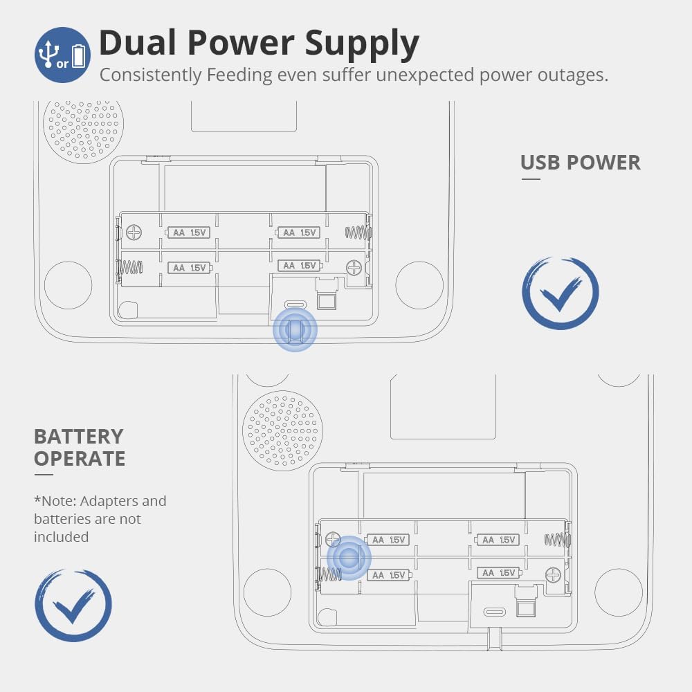 Diagram showing dual power supply options for the XTUOES Automatic Cat Feeder