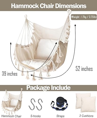 Miniatura 6 de Silla hamaca colgante de cuerda con 2 cojines y kits de herramientas, resistente y duradero, suave algodón tejido a mano, silla colgante de macramé