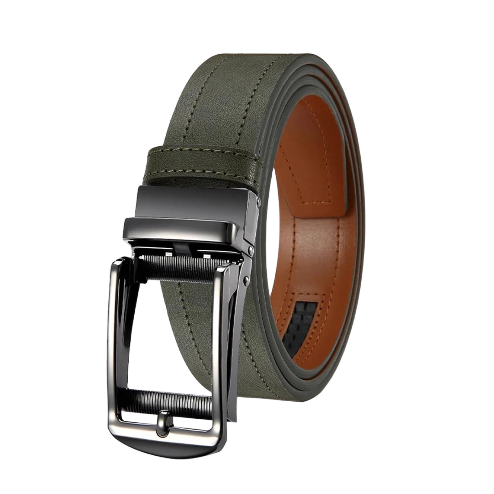 Yeuyyben Cinturón de trinquete de piel sintética para hombre con hebilla automática, cinturón de diseño casual de negocios, color negro y marrón