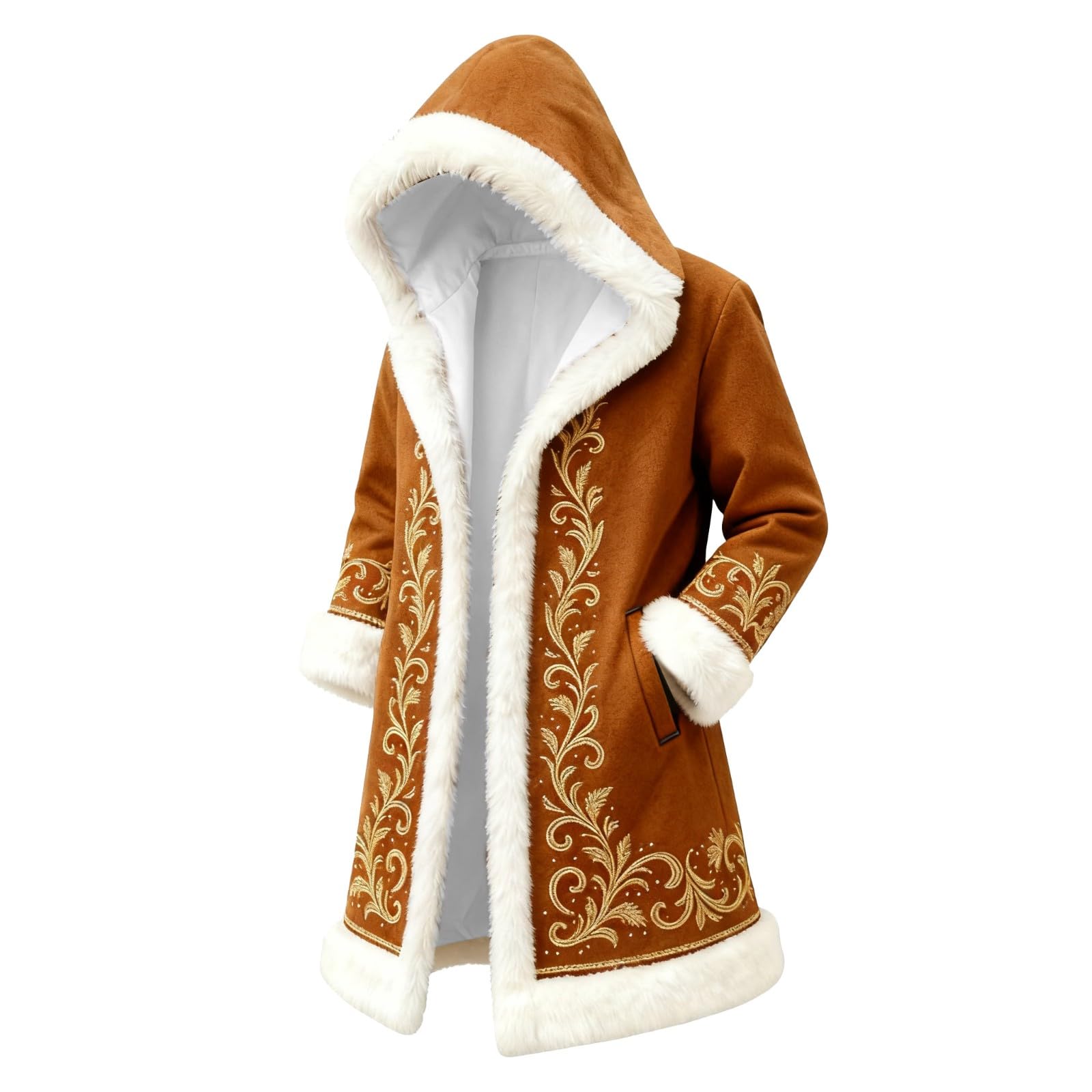 Red Velvet Christmas Costume for Men Red Hooded Cape Santa Coat Plush Lining Long Sleeve Longline Soft Warm Fluffy Festival Holiday Party Xmas Winter Cardigan