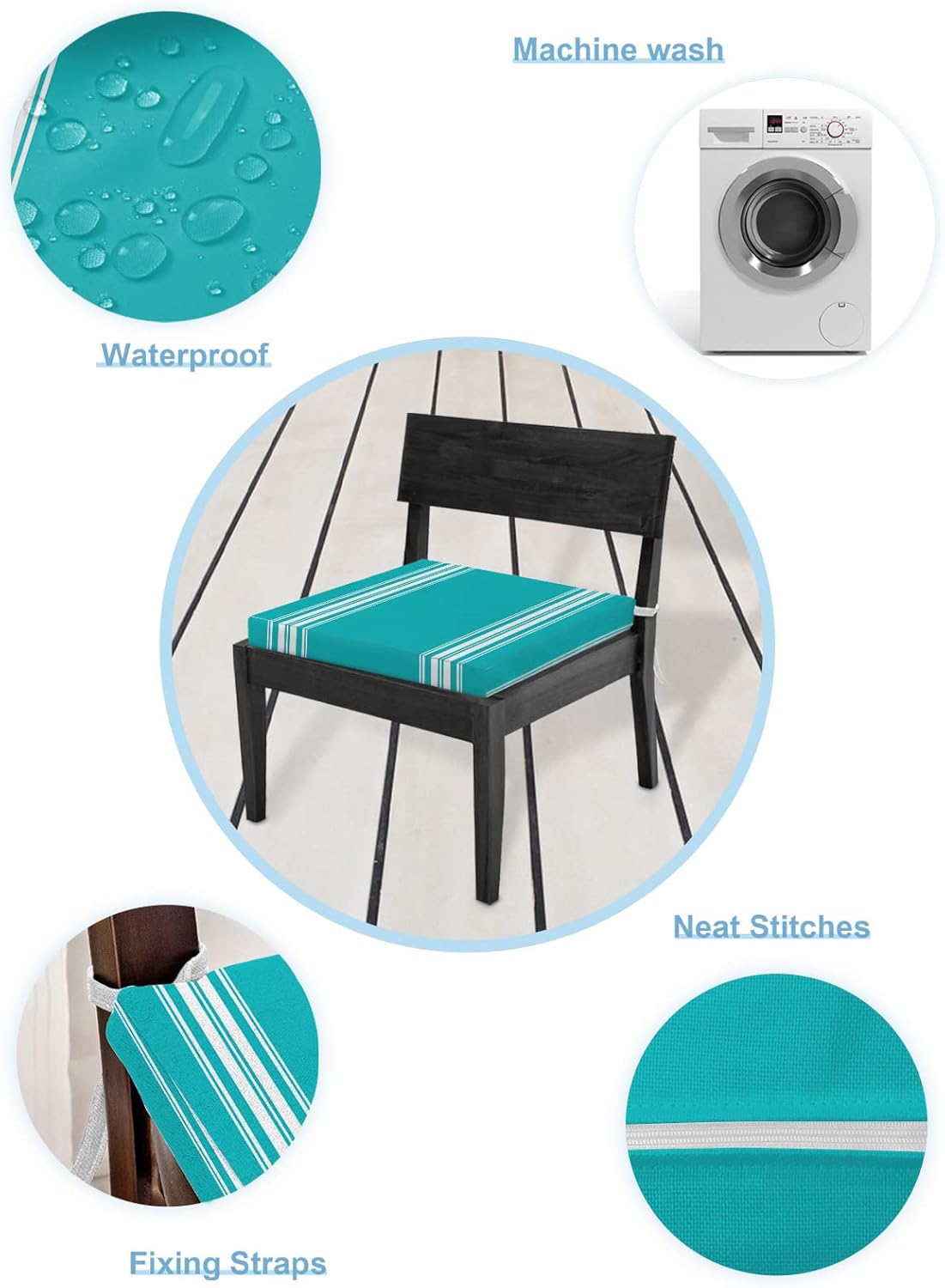 Country Style Simplistic Lines Waterproof Cushion Covers Replacement 22x20In, Turquoise White Set of 4 Indoor Outdoor Chair Seat Cover Patio Cushion Slipcovers for Beach Pool Side Chair Sofa