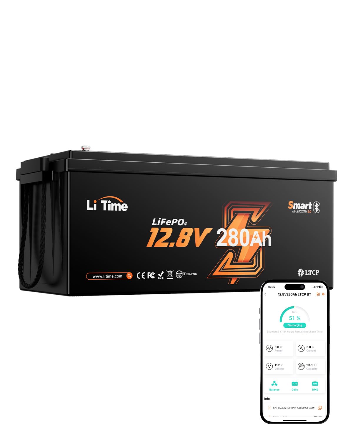 Litime 12V 280Ah LiFePO4 Lithium Battery Bluetooth, Max. 15000 Deep Cycle RV Battery, 200A BMS, 3584Wh High Energy, Low-Temp Protection, Perfect for Home Energy, Marine, Camping