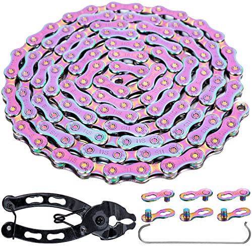 YBEKI 6/7/8/9/10/11 Speed Carbon Steel Bike Chain with Full Silver Plating, 116 Links, 3 Extra Master Links &amp; Chain Tool - Compatible with Shimano/SRAM Mountain, Road (11 Speed, Multicolour, 1)