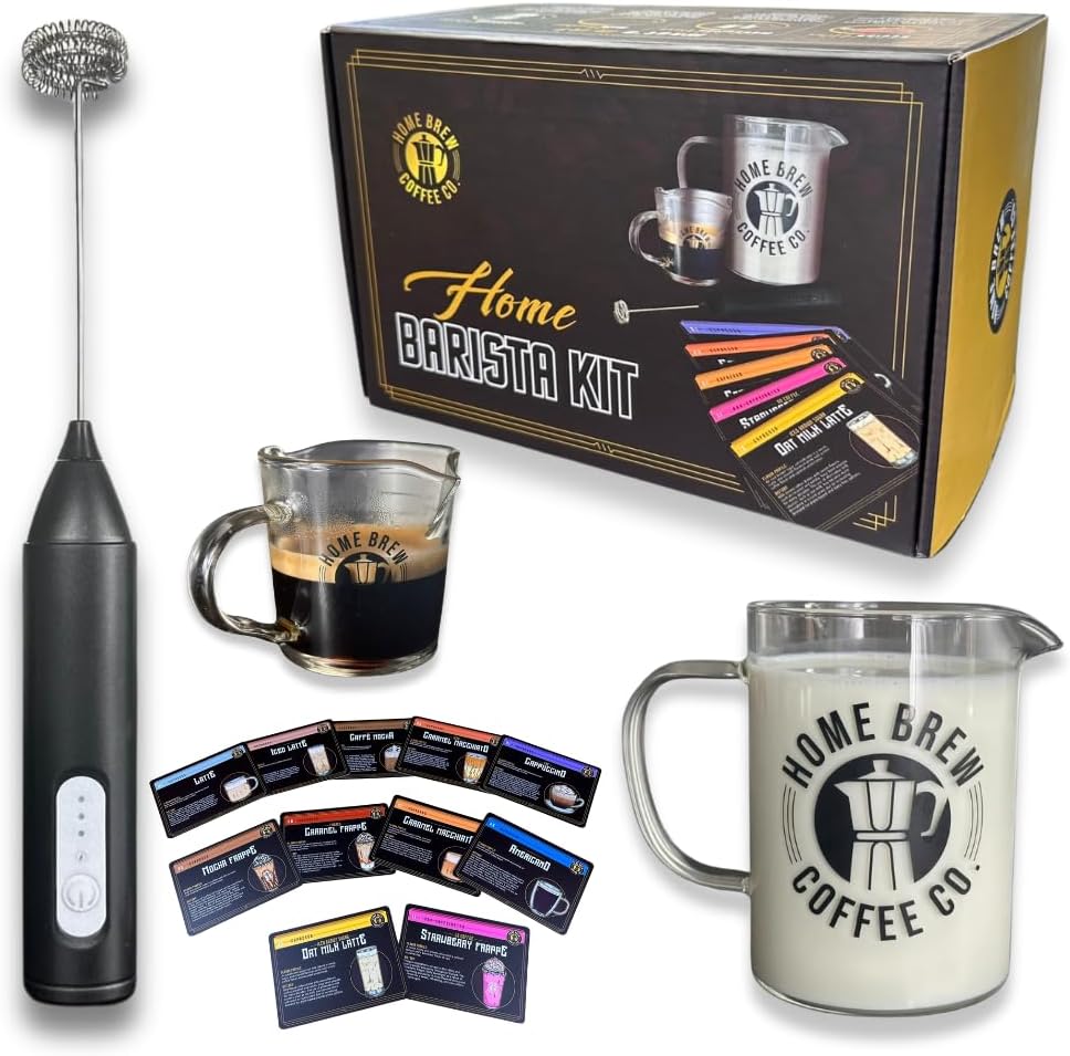 Home Barista Kit – Coffee Bar Essentials Gift Set Latte Frappe Drinks – Includes Rechargeable Blender Milk Frother, Specialty Recipe Cards, Espresso Measuring Glass, Microwavable Frothing Pitcher Home Barista Kit – Coffee Bar Essentials Gift Set Latte Frappe Drinks – Includes Rechargeable Blender Milk Frother, Specialty Recipe Cards, Espresso Measuring Glass, Microwavable Frothing Pitcher
