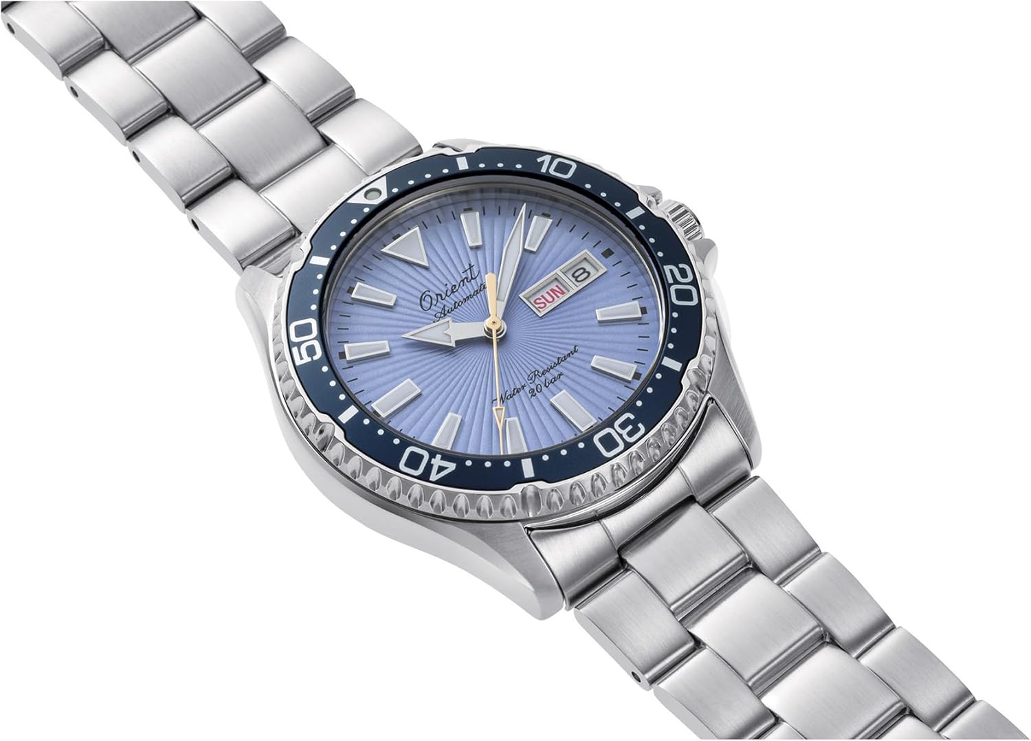 אַנגגאַלד view of the Orient Sports Watch RA-AA0823L with light blue dial and stainless steel bracelet.