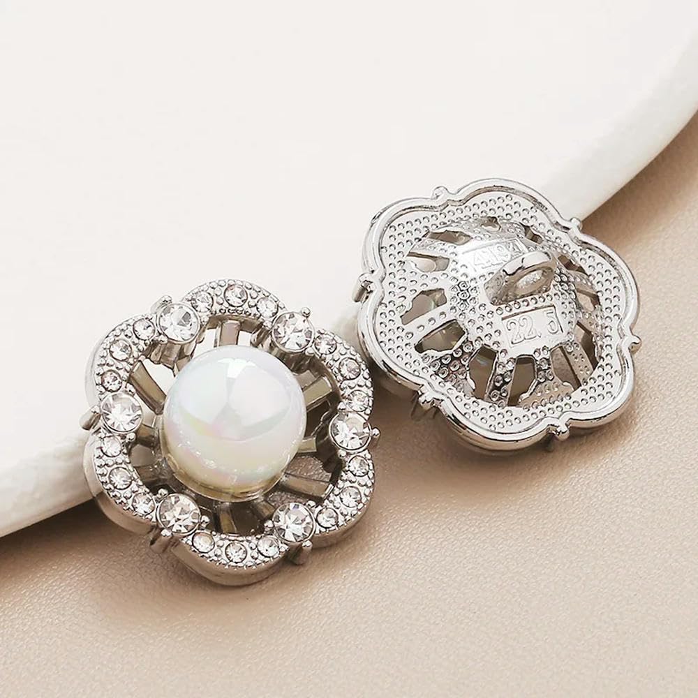 Guziki metalowe, Guziki do szycia, 4 szt. 16/22mm luksusowe perłowe metalowe guziki Rhinestone kwiat guzik z trzpieniem dla kobiet odzież szycie płaszcza przyszyć Botones akcesoria odzież DIY(Silver,1