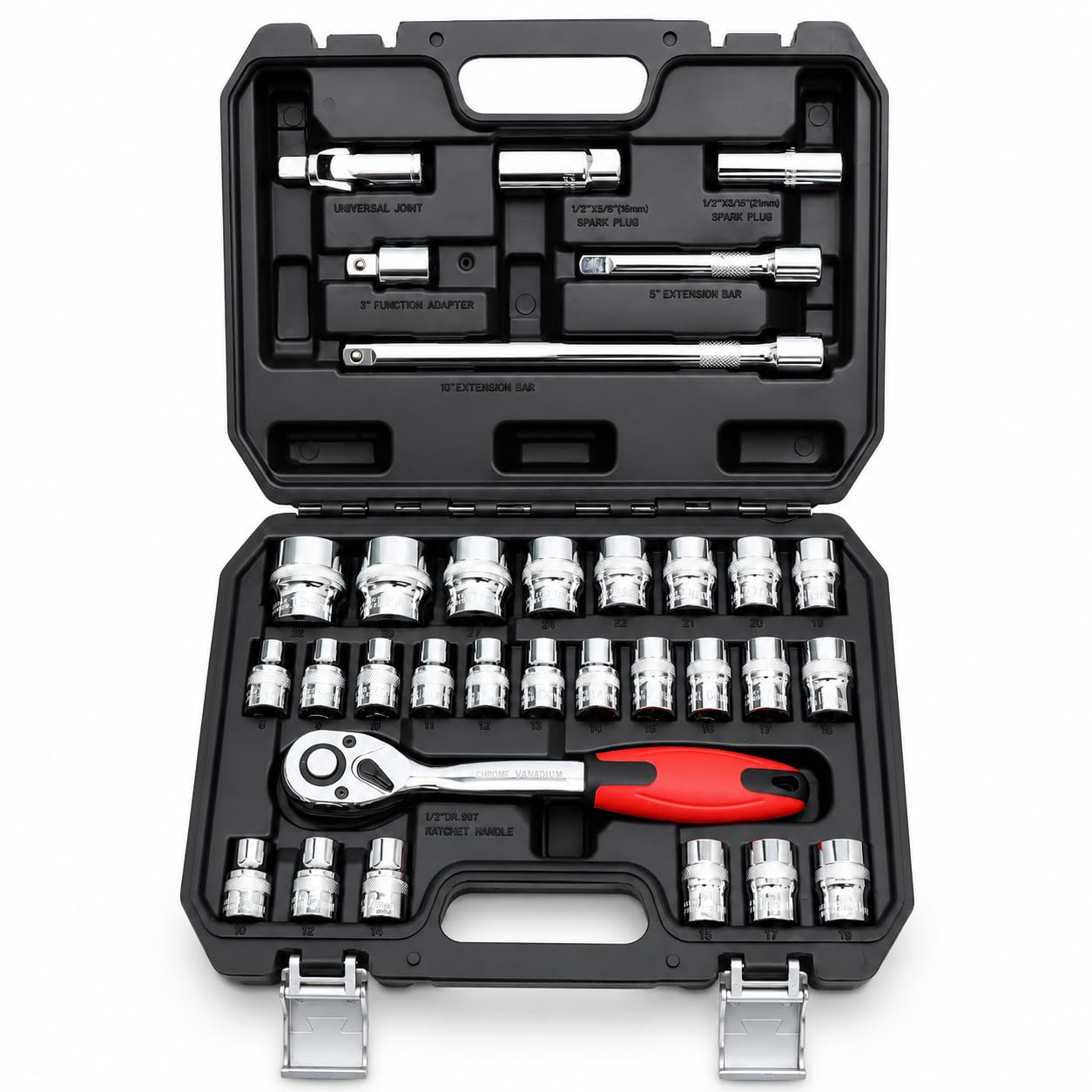 KATSU Set di Chiavi a Bussola 1/2" 32 Pezzi, Unità Metrica da 8-32mm con Chiave a Cricchetto a Sgancio Rapido a 72 denti e Barra di Prolunga, Strumento di Riparazione Automatica 420347